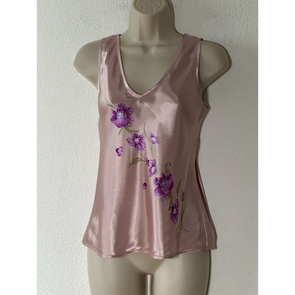 Valerie Stevens Tops - Vintage 90s Y2K Pink Floral Shiny Satin Tank Size‎ S Dainty Coquette Fairycore